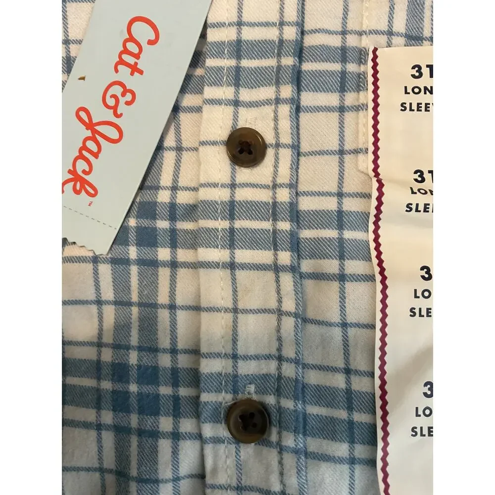 NWT Cat & Jack Boys 3T Blue White Plaid Button Front Shirt Long Sleeve Cotton